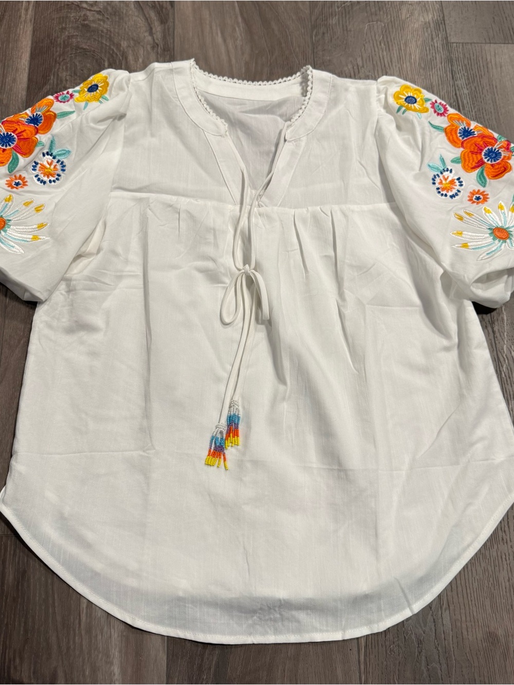 White Embroidered Peasant Blouse with Colorful Floral Sleeves